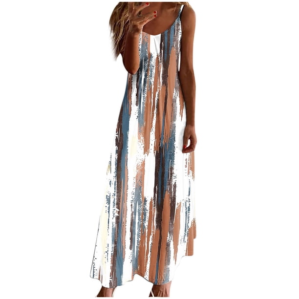 Vestidos de Verano con Cuello en V para las Mujeres 2025 Imprimir Vestido de Cuello Redondo sin Mangas Vestidos Largos Casuales, Ligeros Y de Moda