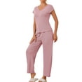 thumbnail image 4 of Conjunto de pijama de modal casual de manga corta para mujer 2 piezas, ropa de estar en casa, pantalones largos, sudadera S rosa, 4 of 6