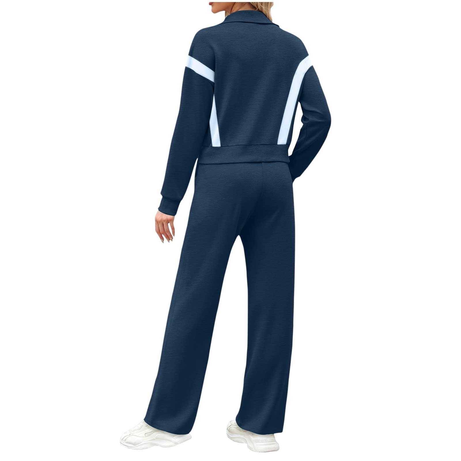YUGYXL Womens Color Block Tracksuit 2 Pieces Outfits Long Sleeve Zipper Jacket and Pants Sportswear Sweatsuits with Pocket Blue L