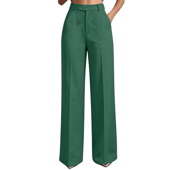 DeHolifer Women Pants Stretchy Straight Leg Dress Comfy Solid High Waisted Wide Leg Business Work Trousers Green XL
