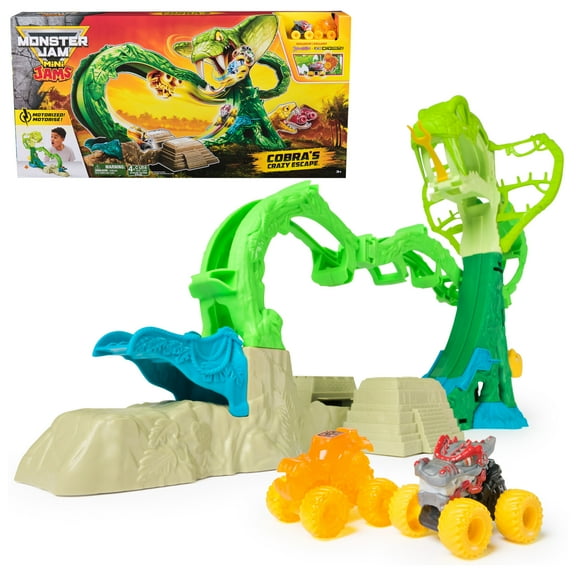 Monster Jam Mini Jams, Cobra’s Crazy Escape Playset with 2 Monster Trucks