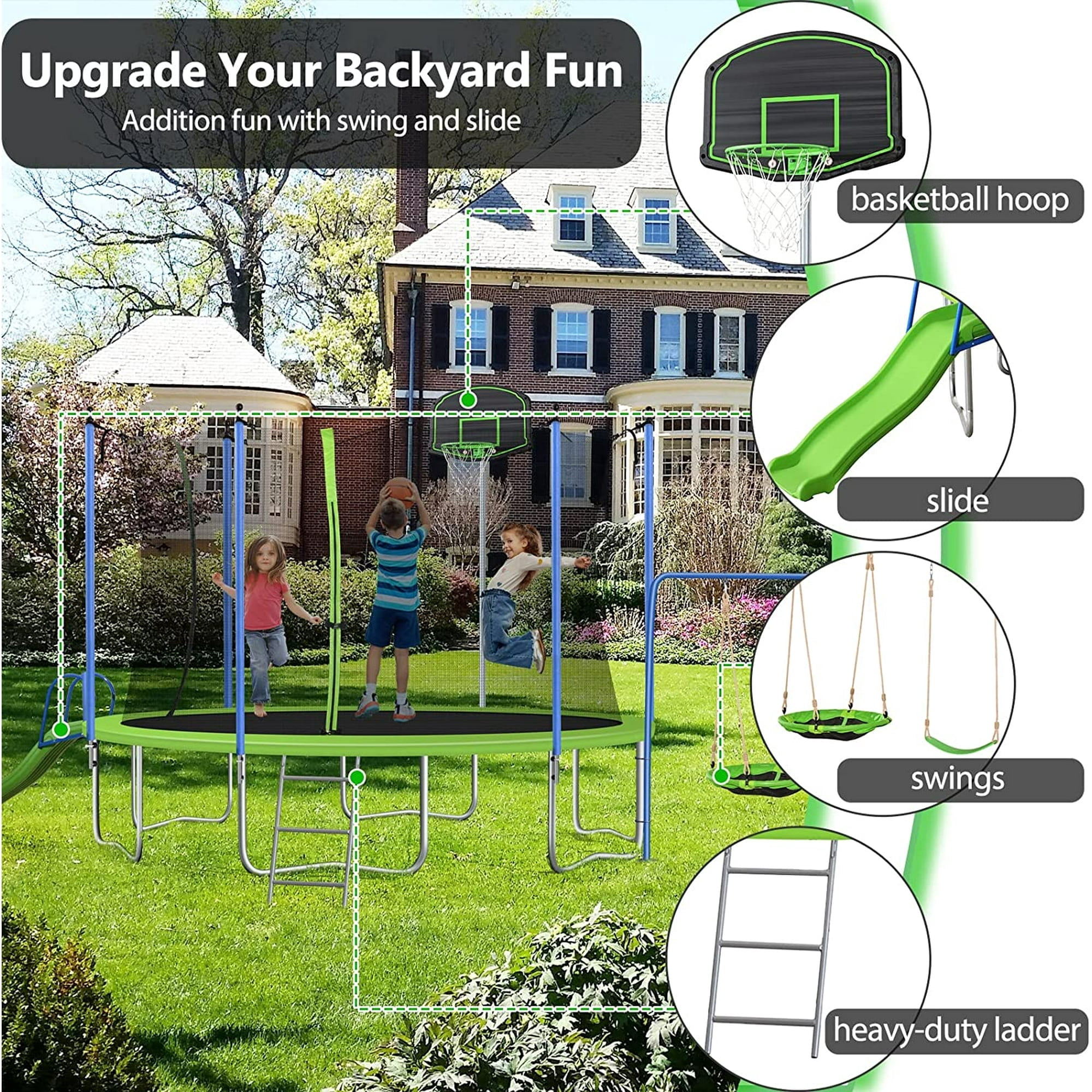 SOGES 12ft Trampolines with Slide and Swing, Basketball Hoop, 4–7 Kids