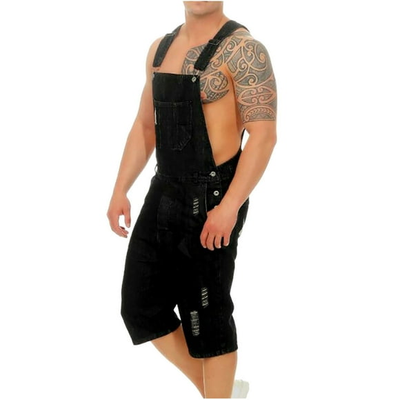 TopLLC Mens Shorts, Men pants Half Shorts Overalls Men Casual Fashion Solid Breast Pocket Denim Ripped Shorts Straight Type Overalls