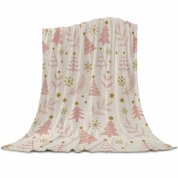 Pink Christmas Tree Flannel Blanket for Bed,Travel and Camping, Vintage Yellow Star Snowflakes Winter Super Soft Cozy Blanket for All Seasons 40"x50"