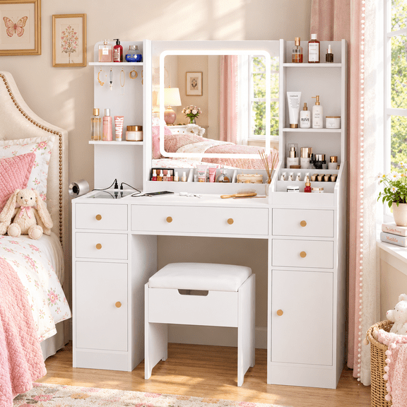 HMstone 45'' Vanity Desk with Mirror, 3 Color Lights, USB Charging Station, Modern Makeup Vanity Table with Storage Chair, Bedroom, White