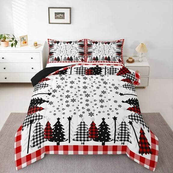 Manfei Kids Happy Christmas Bedding Comforter Set, Buffalo Xmas Tree Twin Comforter Sets, Cartoon Snowflake Print Reversible Bedding Set, Super Cozy Room Decor, 2-Piece