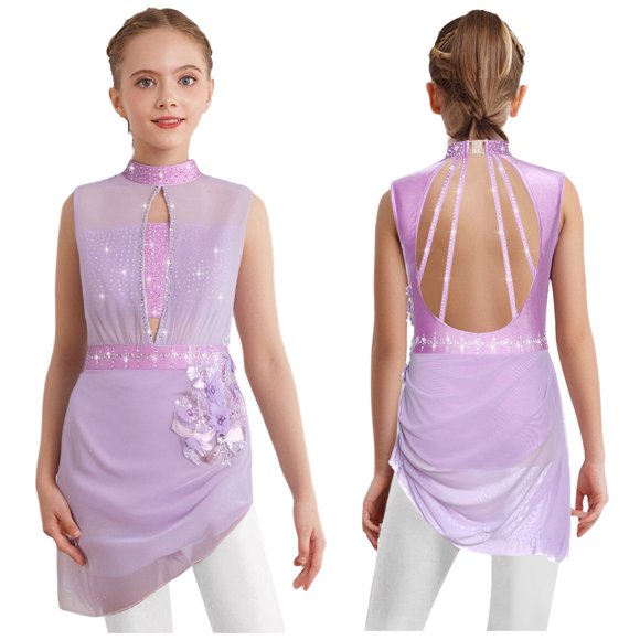Lejafay Ballet Skirted Leotard for Girls Figure Ice Skating Costume Asymmetrical Contemporary Lyrical Dance Dress Lavender 8