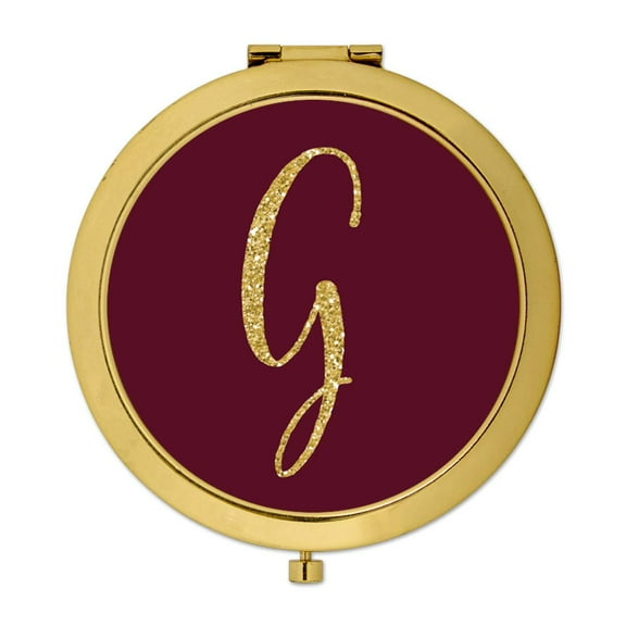 Koyal Wholesale Gold Compact Mirror Bridesmaid's Wedding Gift, Burgundy Maroon Jewel Tone , Monogram Letter G, 1-Pack