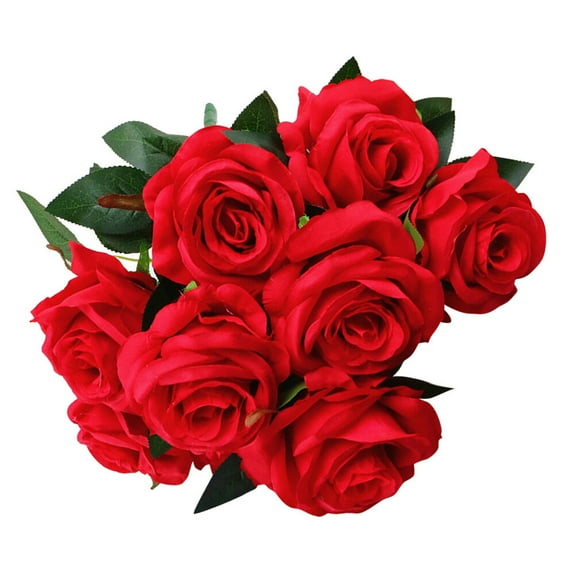 Artificial Flowers Fake Flowers Silk Artificial Roses 9 Heads Bridal Wedding Bouquet for Party Wedding Decoration (Red)