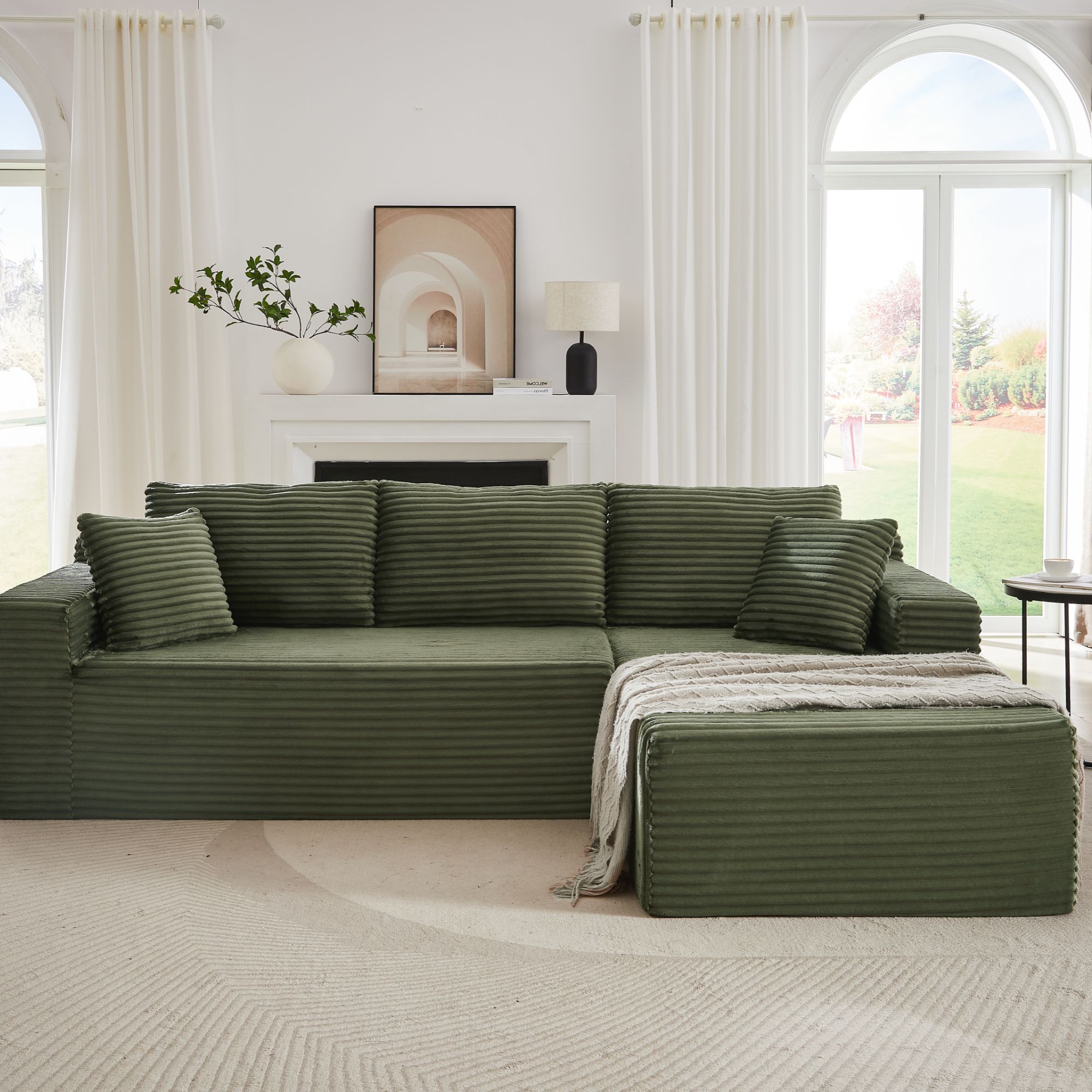 Miniyam L-Shaped Cloud Sectional Sofa with Deep Seat, 3 Seats Modular Couches Sleeper for Living Room, Bedroom, Apartment (Green, Right Facing Chaise)