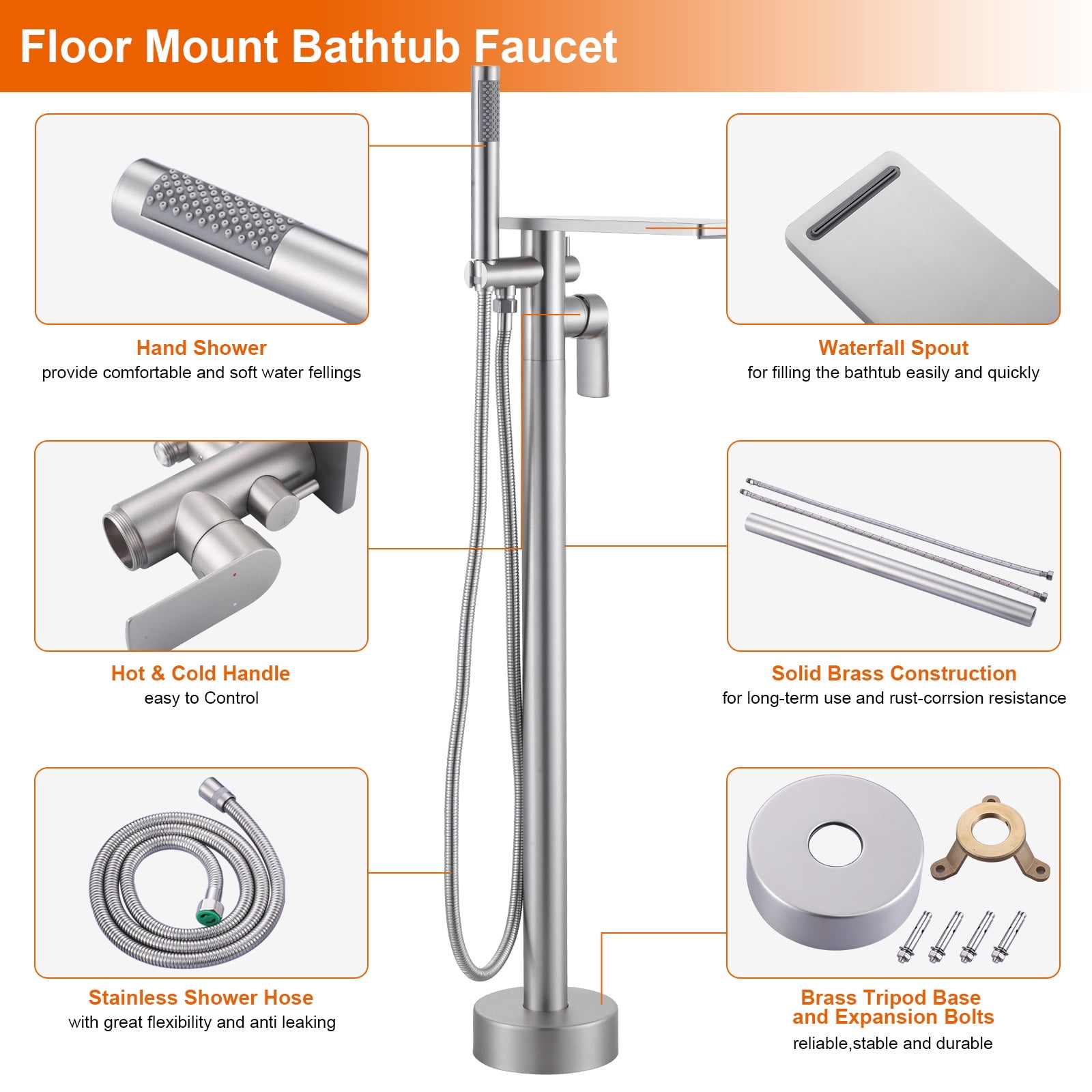 Wowow Brass Freestanding Bathtub Faucet Single-Handle Floor Mount Claw Foot Tub Faucet with Hand Shower in Brushed Nickel