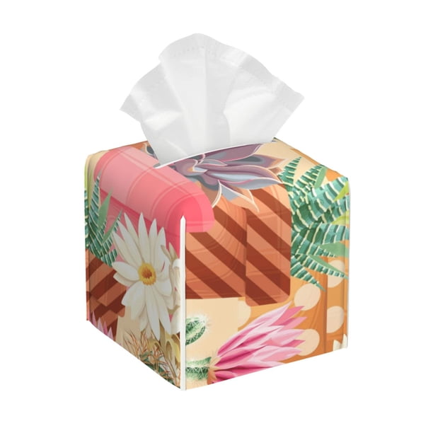 Balery Succulent And Cactus Porta Pañuelos de Cuero con Estampado – Funda Moderna Cuadrada para Caja de Pañuelos, Dispensador 5x5x5''