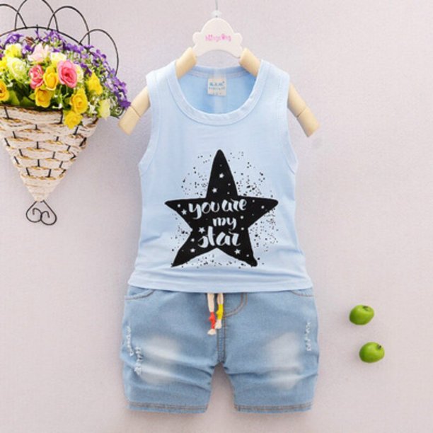 Conjunto de ropa para bebés, conjuntos de verano para niños y niñas, chalecos sin mangas con dibujos animados bonitos de algodón y pantalones cortos, conjuntos de ropa de 0 a 4 años 90 (2T) Gao Jinjia LED