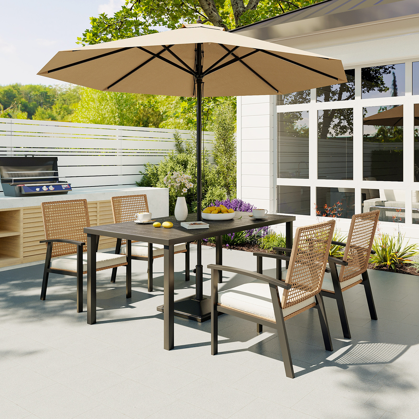 BaPiPro 5‑Piece Outdoor Patio Dining Set, Wood Grain Steel Table with Umbrella Hole, 4 PE Rattan Armchairs with Soft Cushions, Heavy‑Duty Rust‑Resistant Frame for Garden Backyard Poolside