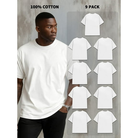 9-Pack Men's 100% Cotton Short Sleeve Crew Neck Tees - 180g, Shrink-Resistant, Cost-Effective, White