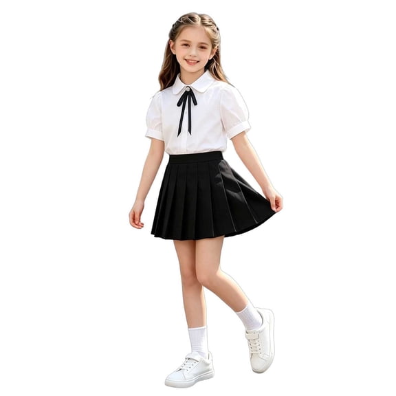 QSAWXQZ Girls' 2PC Outfit Lapel Short Sleeves Button Down Blouse Pleated Skirt Preppy Uniform Set Casual for Summer 9-10 Years