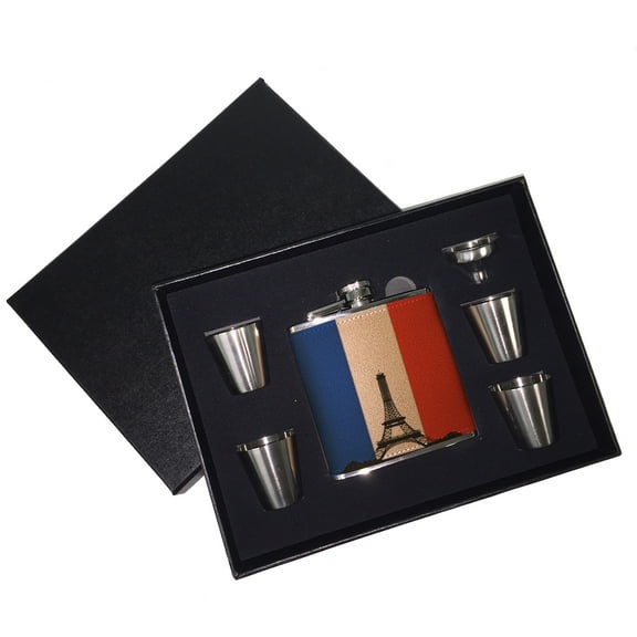 KuzmarK 6 oz. Leather Flask Set in Black Presentation Box -  French Eiffel Tower