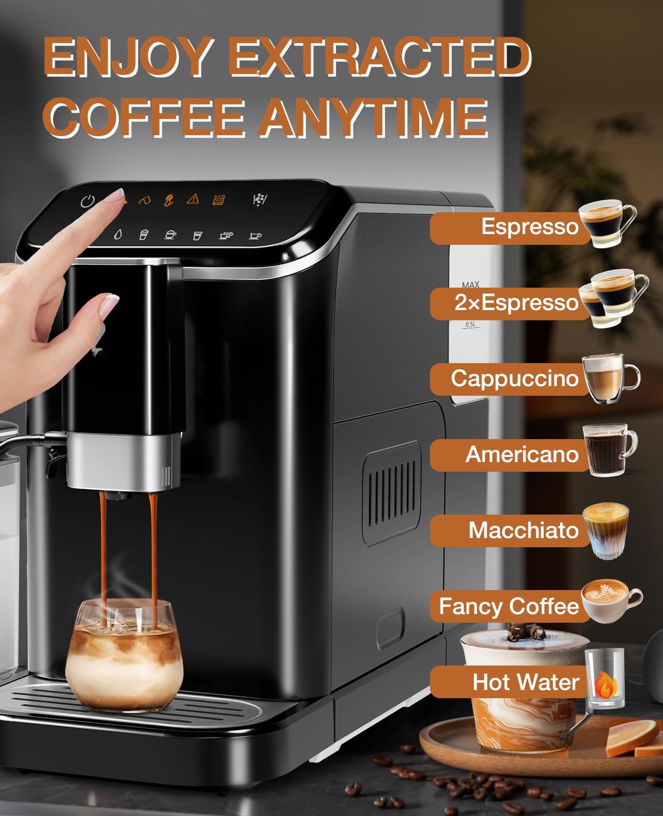 Kselythan Automatic Espresso Machine 20 Bar,Professional Espresso Maker with Automatic Milk Frother,Built-In & Adjustable Espresso Bean Grinder,Touch Screen Coffee Machine with 1.5L Water Tank