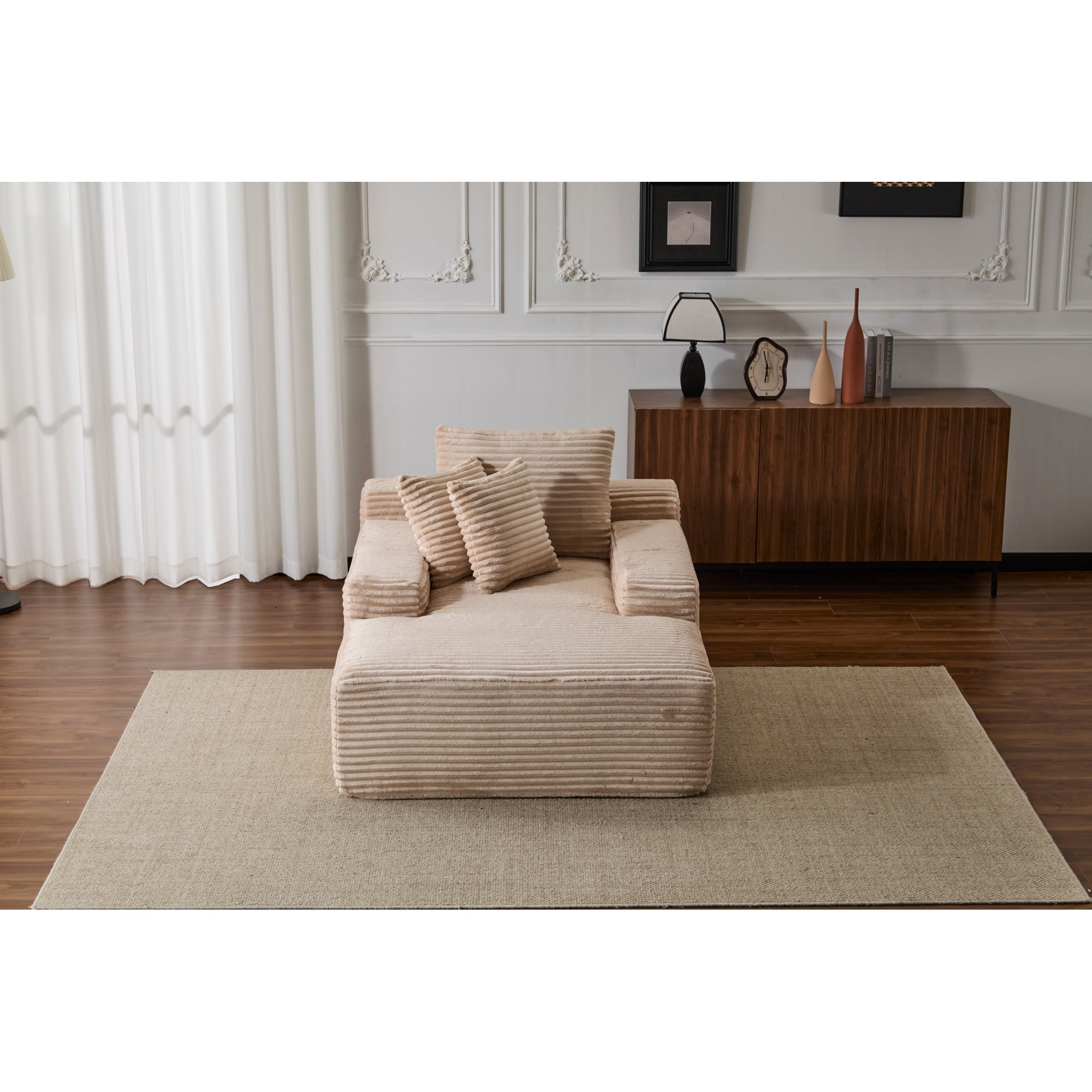Leumius Oversized Chaise Lounge Indoor,Cozy Cloud Couch Modern Plush Corduroy Upholstered Sofa Bed with 3 Pillows and Wide Armrest for Living Room, No Assembly Required,Beige