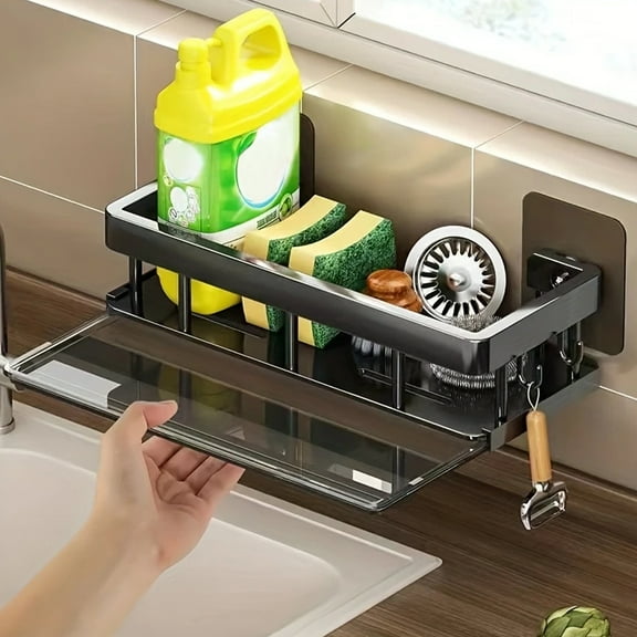 BYXAS Sponge Holder Kitchen Sink Caddy Organizer Wall Mount Sponge Holder with Drainer Shampoo Soap Storage Shelf Toilet Balcony Bathroom Dishwashers Wire Rags Sponge Sink Drain (Black)