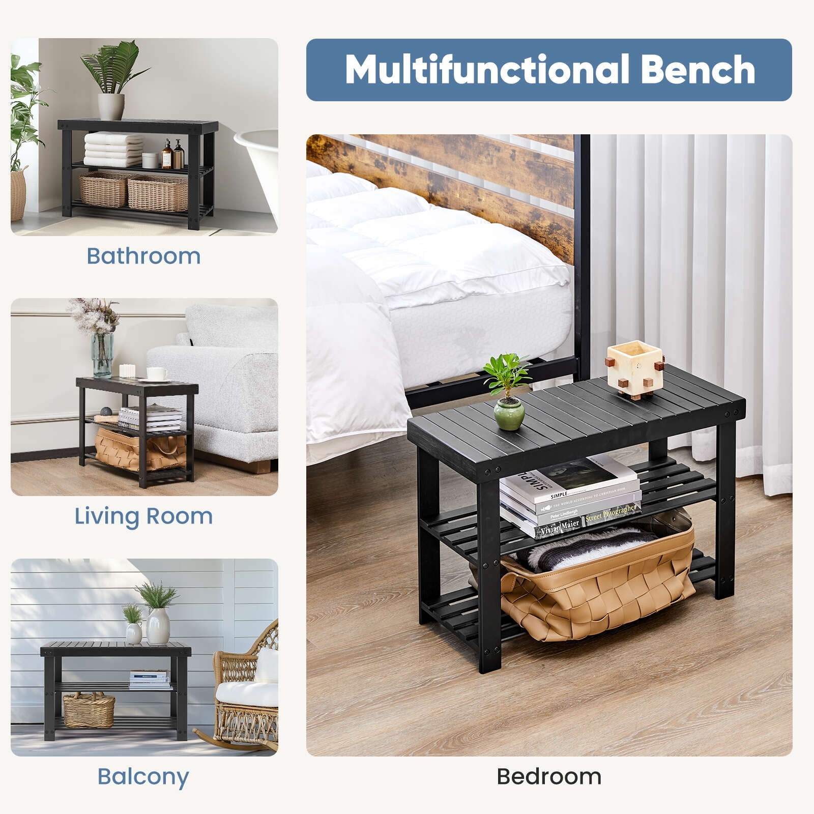 Gianna Shoe Rack Bench, 3-Tier Bamboo Storage Organizer, Suitable for Bedroom, Black