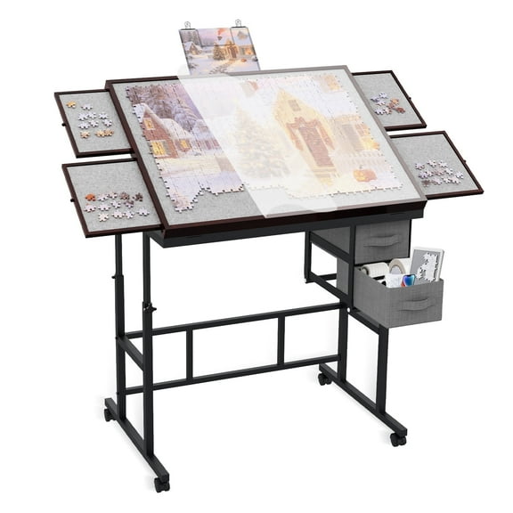 Jigsaw Puzzle Table for Adults with 6 Drawer and Legs, 1500 Pieces Puzzle Table with Protective Cover&Wheels, Adjustable Height and Five up Angles, Coffee&Gray