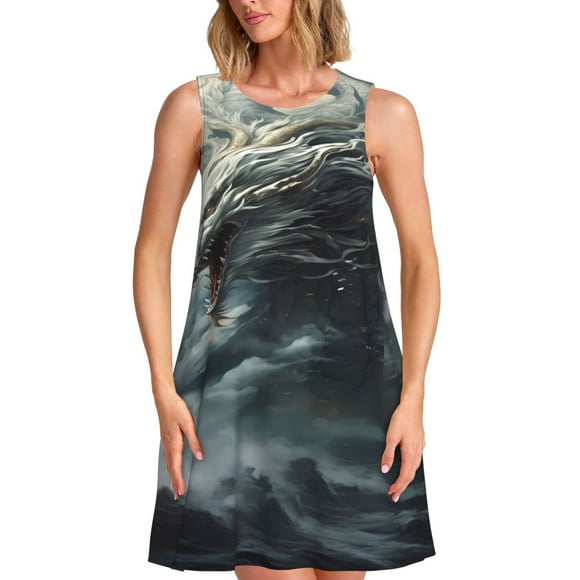 Vsdgher Cloud White Dragon Print Summer Dresses for Women Casual U Neck Beach Dress Sleeveless Tank Loose Sundress with Pocket