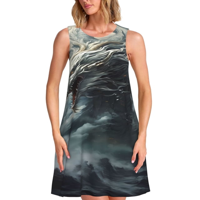 Vsdgher Robes d'Été Imprimé Dragon Blanc Nuage pour Femmes Robe de Plage Décontractée Col en U Sans Manches Robe d'Été Ample avec Poche