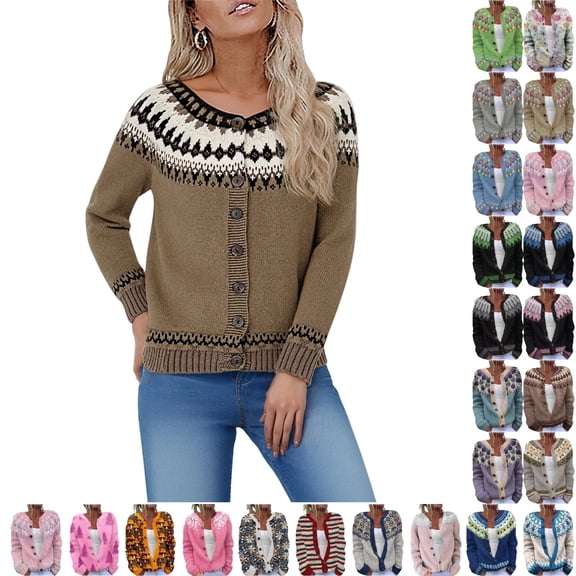 QINGFSAP Women's Fall Cute Floral Print Open Front Knit Cardigan Sweater Winter Casual Loose Button Down Long Sleeve Coat