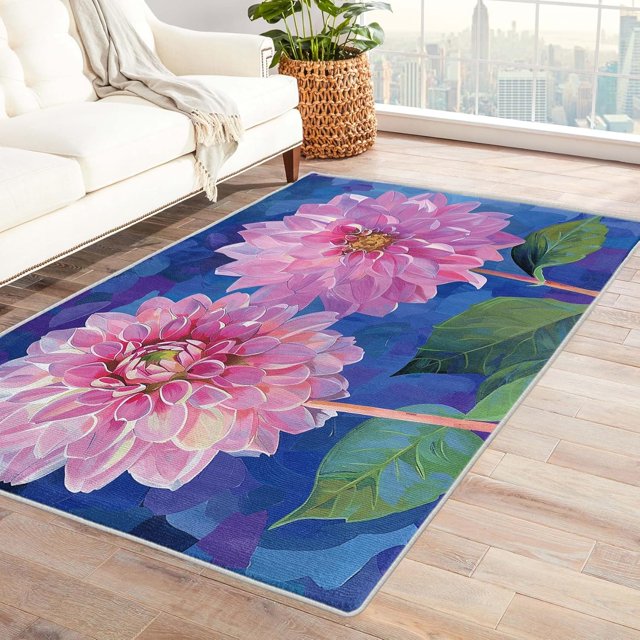 Dahlia Rugs for Living Room Bedroom - Flower Rug 6x8 - Floral Carpet for Home Decor - Washable Non Slip Patterned Indoor Large Area Rug - Soft & Low Pile (ZL&883)