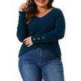thumbnail image 1 of Blusas de suéter de punto de talla grande para mujeres, suéter casual de manga larga con cuello en V y botones 1X azul marino, 1 of 6