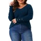 thumbnail image 1 of Blusas de suéter de punto de talla grande para mujeres, de manga larga, cuello en V, con botones, suéter casual, 4X azul marino, 1 of 6