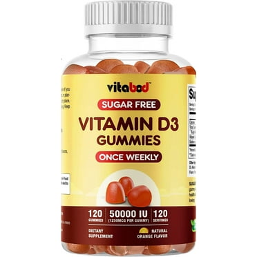 Vitabod Sugar Free Vitamin D3 50,000 IU Weekly Supplement - 120 Vegetable Vitamin D Gummies for Bones, Teeth, and Immune Support - Easy Chew Pure Vitamin D3 50000 IU- Non GMO Pills