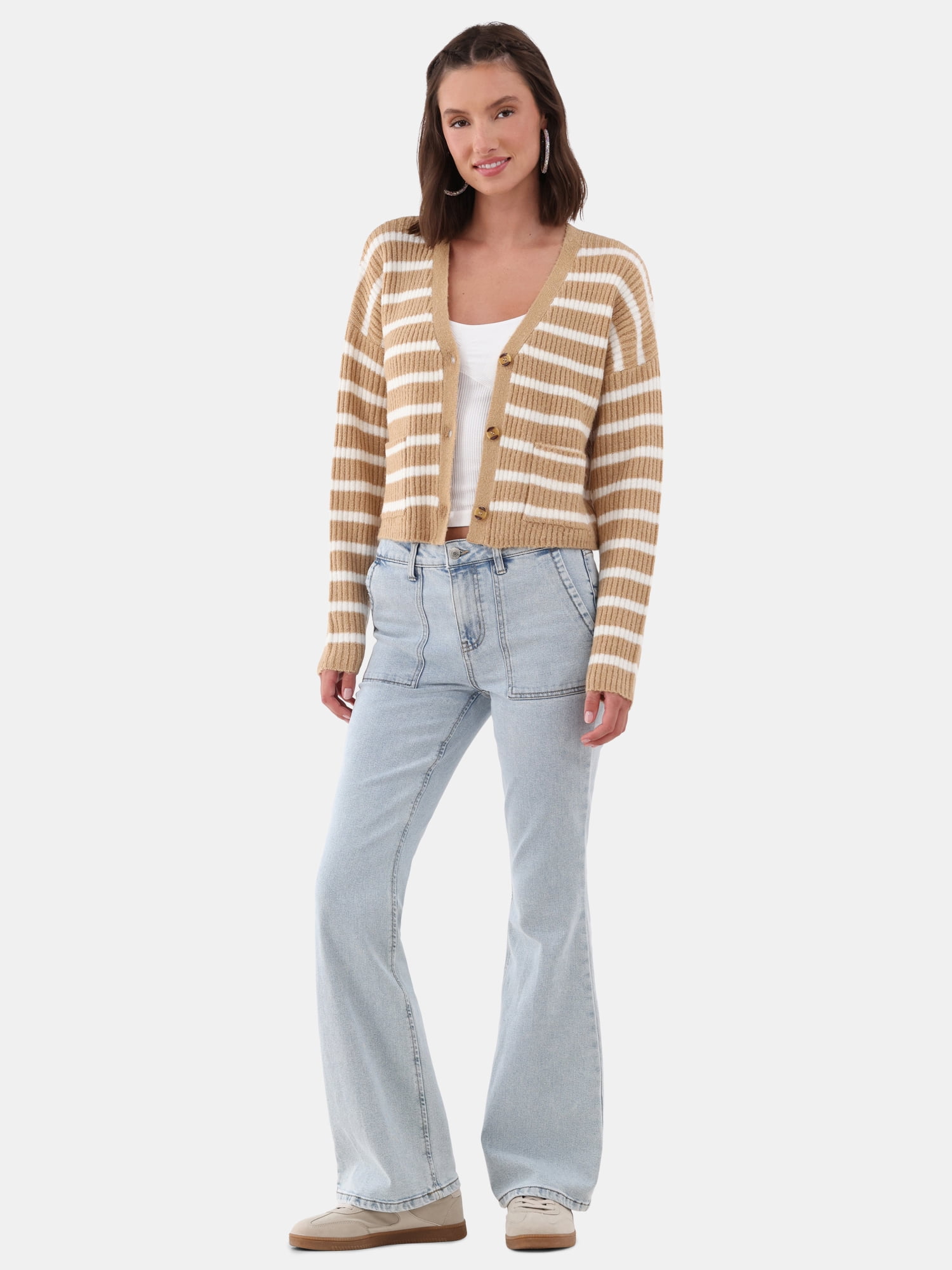 No Boundaries Button Front Ribbed Cardigan Sweater, Midweight, Women’s