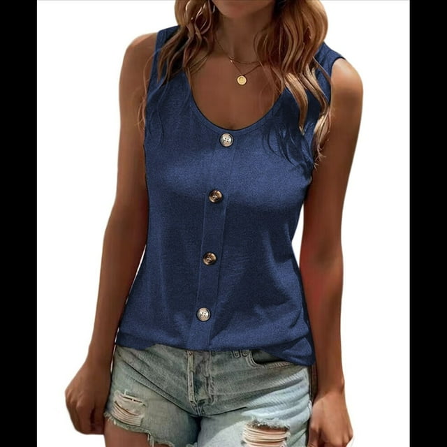 Camiseta Sin Mangas con Botones Delanteros para Mujer, Verano 2025, Informal, Holgada, con Cuello Redondo, Sin Mangas, Azul Oscuro, XXL