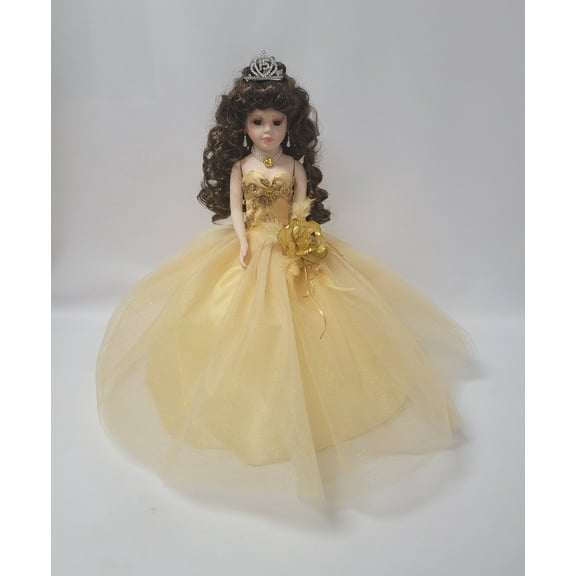 Porcelain Quinceañera Umbrella Doll in Gold Gown (Quince Años) Centerpiece & Decoration
