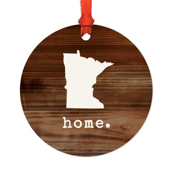 US State Round Metal Christmas Ornament, Rustic Wood Print, Minnesota, Includes Ribbon and Gift Bag