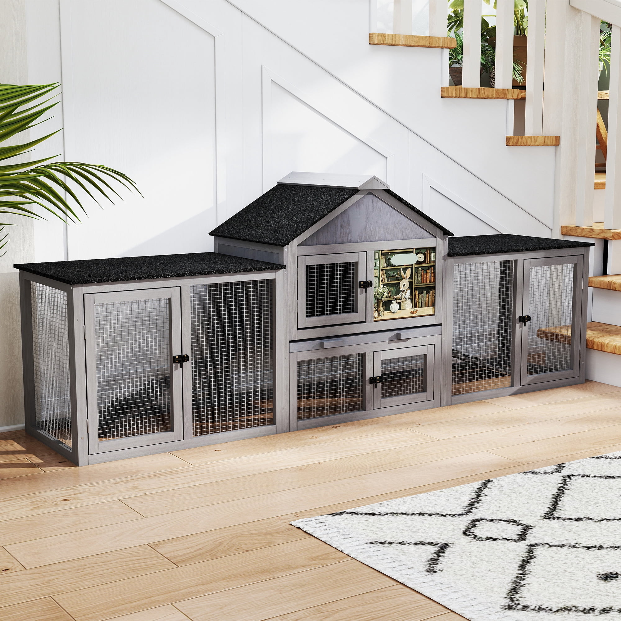 83" Wood Fashion Rabbit Hutch Chicken Coop Wooden Small Animal House, Grey