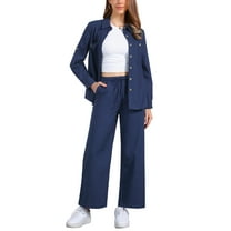 INSPIRE CHIC Women's 2 Piece Linen Set Button Down Shirt Drawstring Wide Leg Pants Casual Outfit S Navy blue