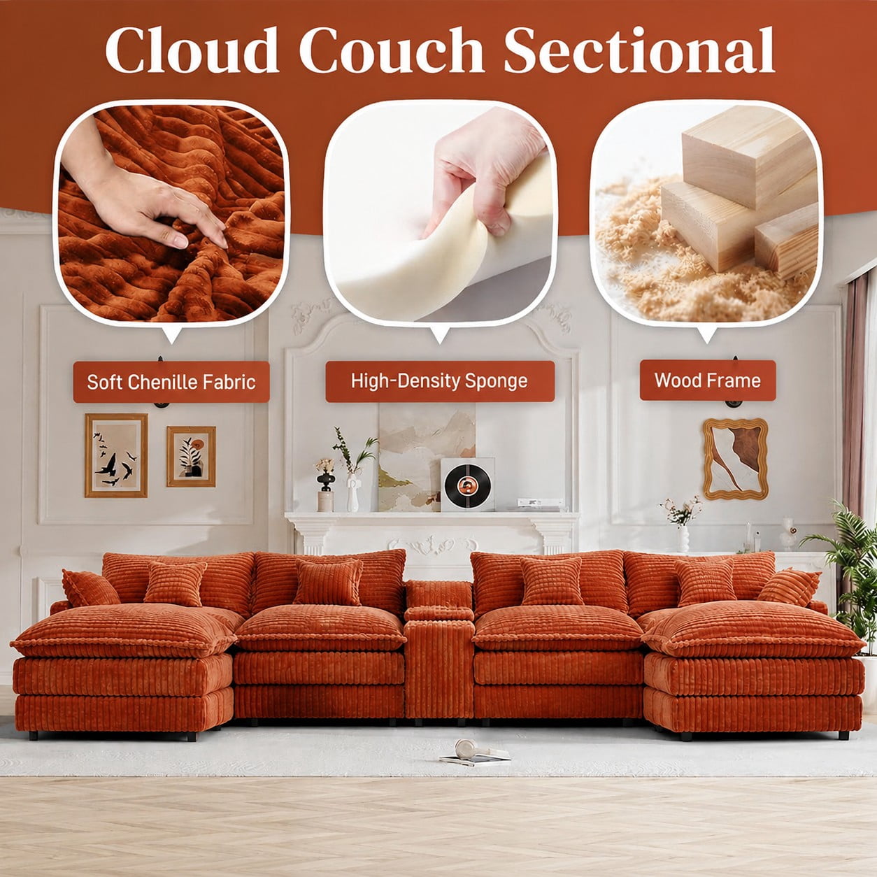 ShiKeyi Oversided 124" U Shaped Cloud Couch Sectional, DeepSeat Sofa Bed with USB Charging, Hidden Storage, Cup Holders & Chenille Double Chaise, Orange