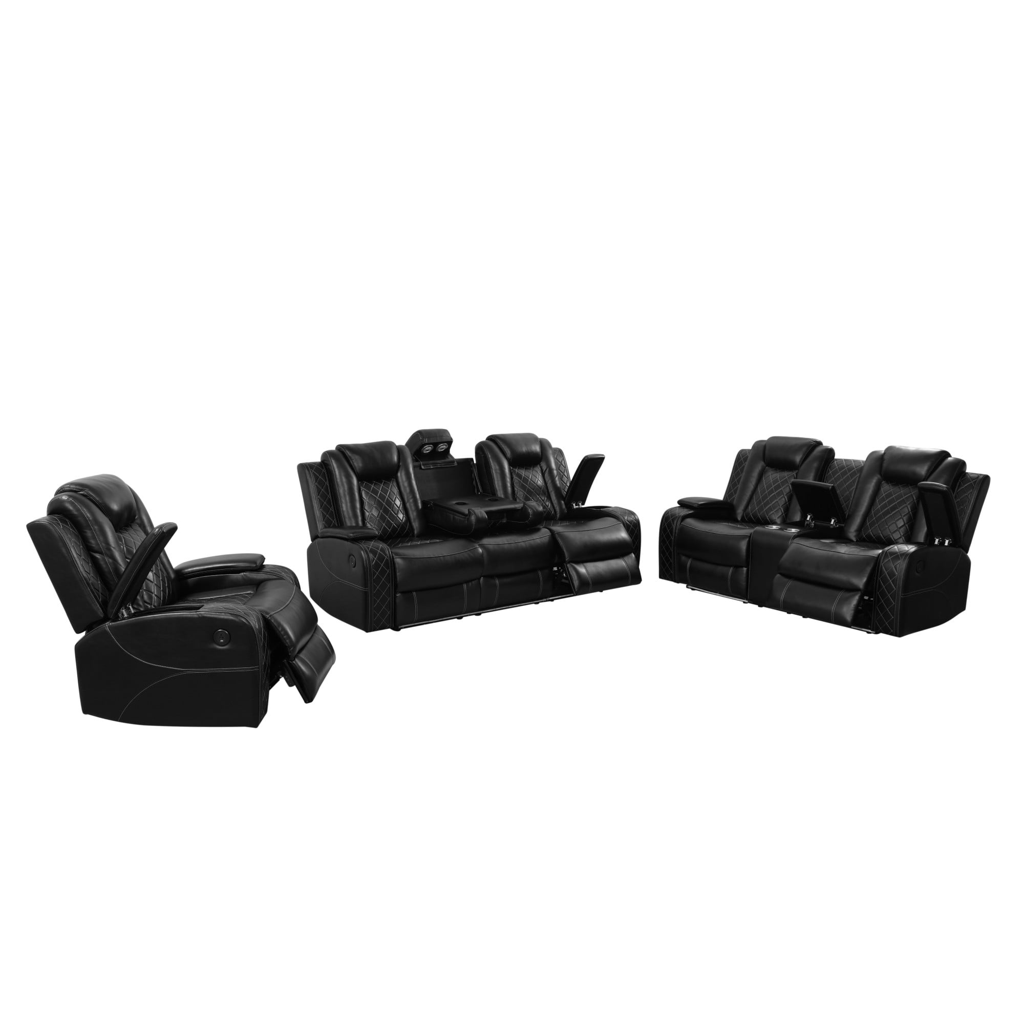 Gewnee 3-Seat Power Adjustable Sofa with 2 Recliners, Console & Cup Holders, Air Leather, Adjustable Recline, Ideal for Living Room, Black