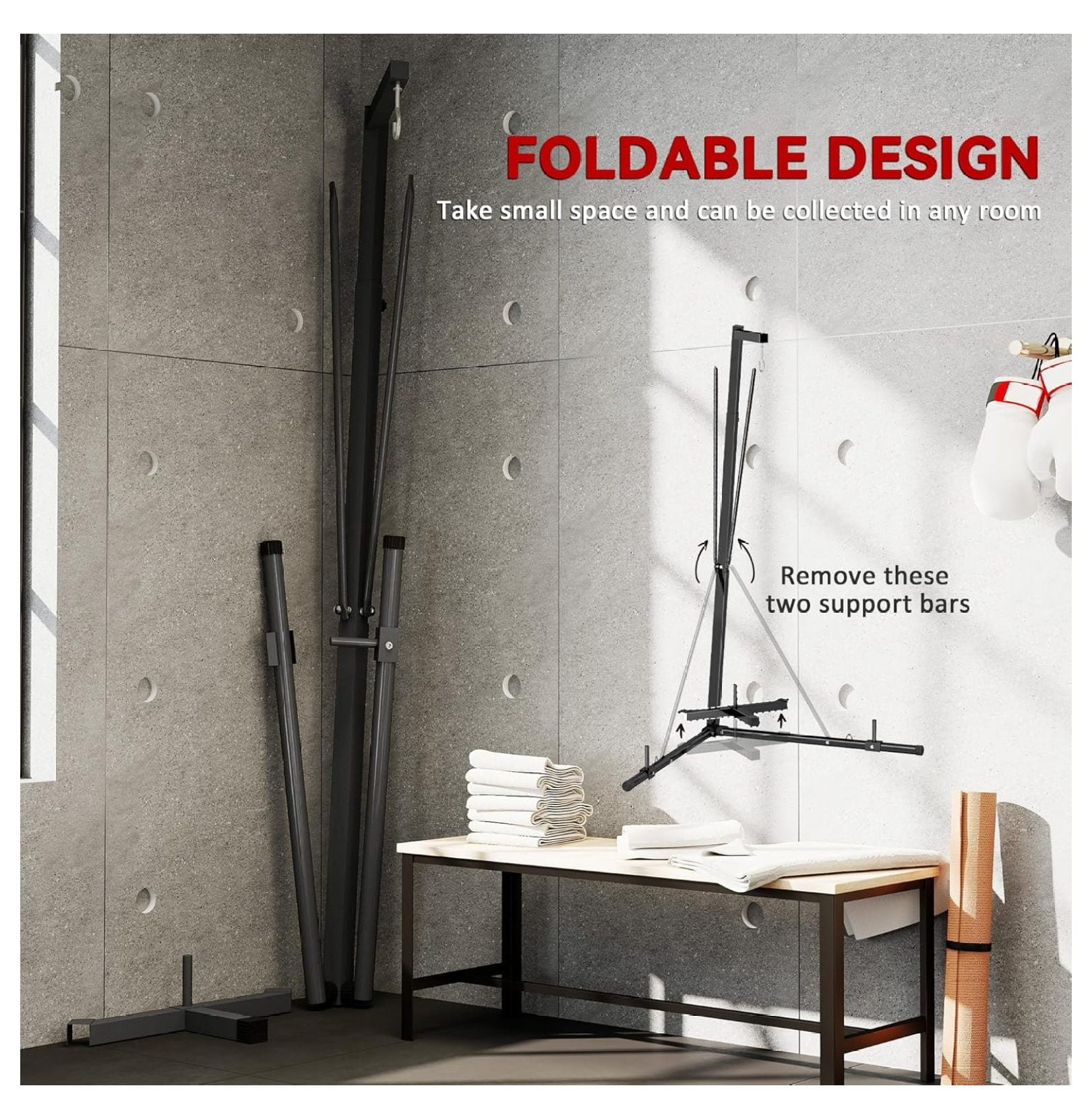 Foldable Punch Bag Stand, Height Adjustable Heavy Bag Stand with Weighted Base, Free Standing for Home Gym, Stand Only