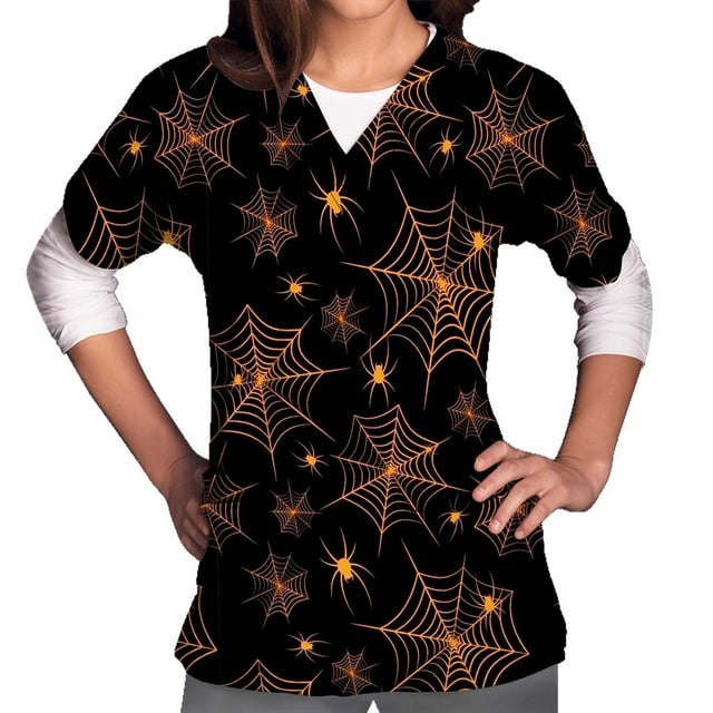 EGNMCR Hauts de Soins Infirmiers pour Femmes, Uniforme de Travail Imprimé d'Halloween, Manches Courtes, Col en V, Blouse de Travail avec Poches, Costumes d'Halloween
