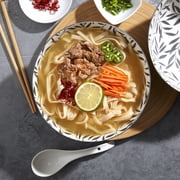 INFUSE 8 Piece Set Large Stoneware Ramen Bowl Noodles Pho Soup Dinner with Chopsticks Plates/Lids, Gray Leaves
