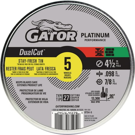 

Gator Blade Dualcut Type 27 4-1/2 In. X 0.098 In. X 7/8 In. Steel/Stainless/Wall Tile Cut-Off Wheel (5-Pack)
