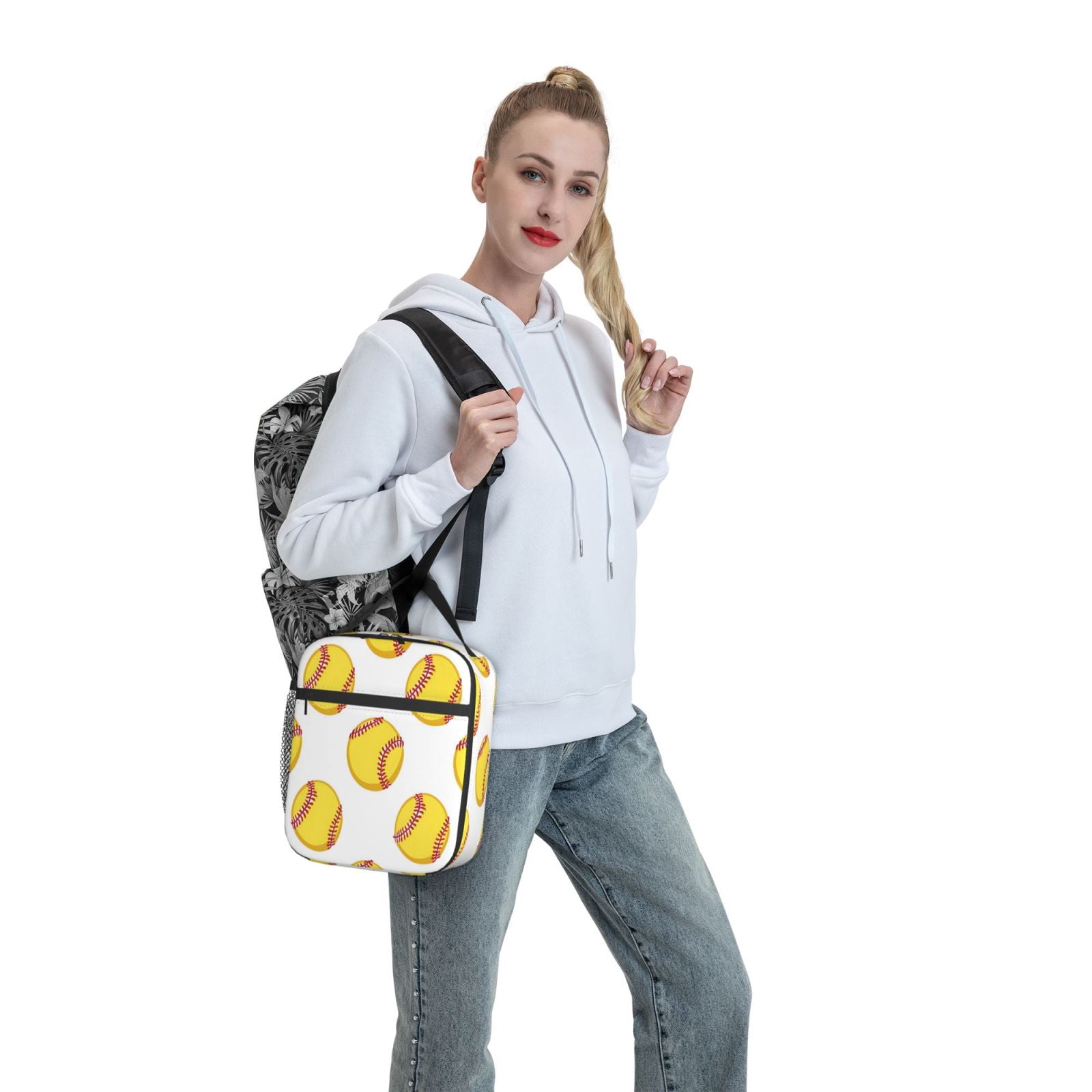 Lunch Bag For Women Men Insulated Portable Lunch Box Bento Box Office Picnic Travel Cooler Bag Yellow Softballs With Red Stitching Clean White Background (3)