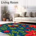 thumbnail image 2 of ODIKA 5'x7' Machine Washable Non-Slip Area Rug, Festive Rooster Artistry with Evergreen Branches and Berry Accents High Traffic Rug, Blue, 731816, 2 of 7