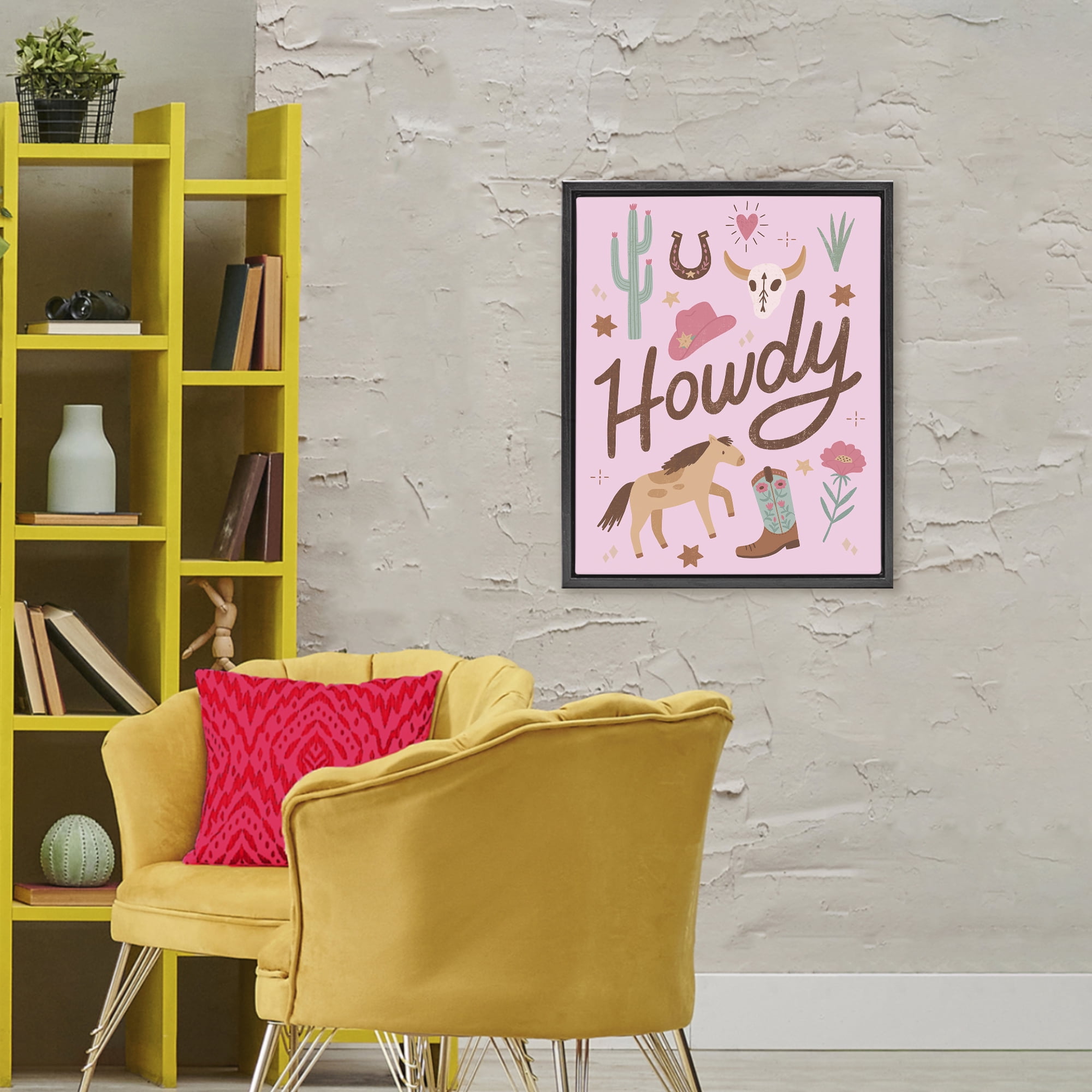 Stupell Industries Western Boho Girl Howdy Black Framed Floater Canvas Wall Art, design by Nina Seven