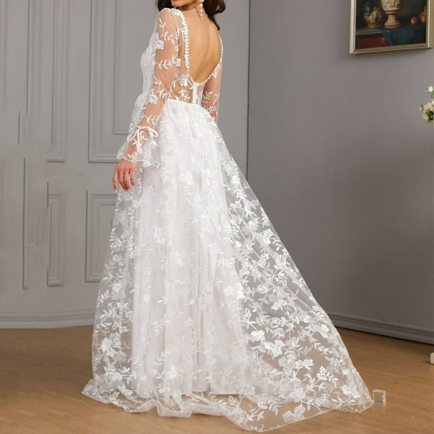knee length dresses for ladies Off The Shoulder Sheer Long Sleeve Embroidered Sweetheart Mesh Wedding Gown 3XL