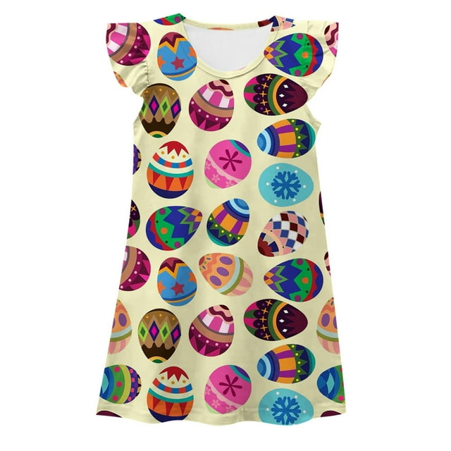 Robes Décontractées pour Filles Juniors Été Imprimé Lapin de Pâques Col Rond Manches Volantes Vêtements de Maison Confortables, Jaune, 6-7 Ans